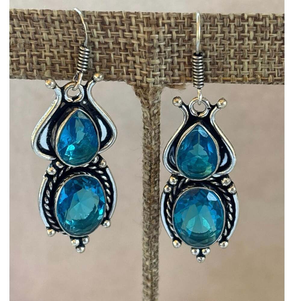 925 Sterling 2 Stone Faceted Blue Topaz Dangle Earrings